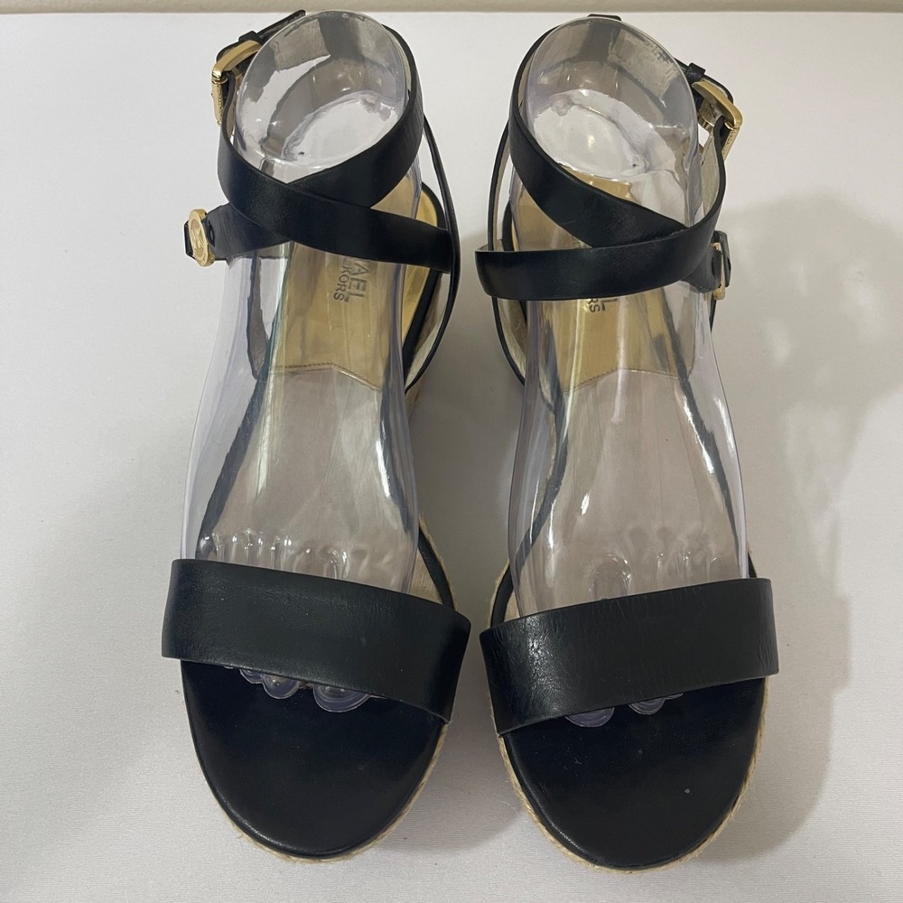 Michael Kors Sandals Womens 8.5M Jalita Black Leather Strappy Platform Wedge - Picture 6 of 11
